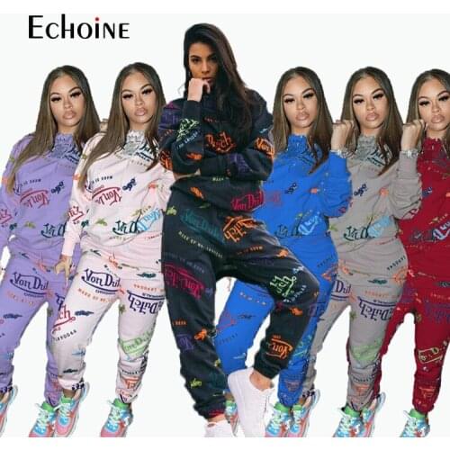 Echoine Fall Winter Women graffiti print 2 Two Piece Set hoodie top joggers Sweatpant Sportswear Matching Party Club Outfits