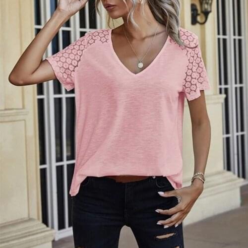 Women V-Neck Top Summer Casual Solid Color Pleated Lace Stitching Short Sleeved Tshirt Elegant Loose Hollow Out Clothes Blusas