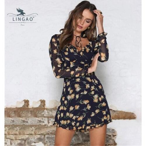 Floral Dresses For Women 2021 Long Sleeve Round Neck Dress Ladies Sexy Mini Clubwear Summer Evening Dresses платье летнее платье