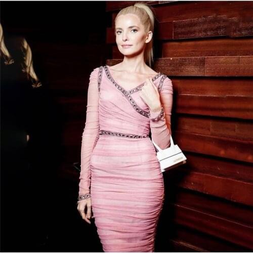 Celebrity Bandage Dress New 2020 Autumn Pink Bandage Dress Vintage Vestios Elegant Full Sleeves Woman Bodycon Bandage Dress