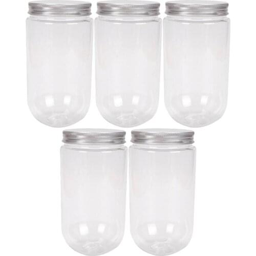 5pcs 500ml Dessert Cups Disposable U Shaped Milk Tea Bottle Plastic Transparent Juice Cups Beverage Bottle Drinking Cup with Lid