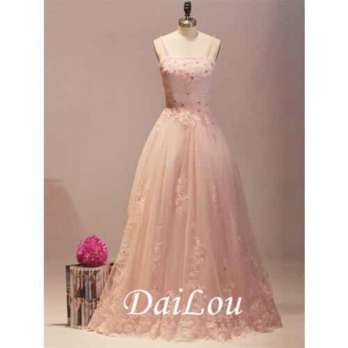 A-Line Spaghetti Straps Tulle Appliques Beading Pearls Floor-Length Prom Dress 2021