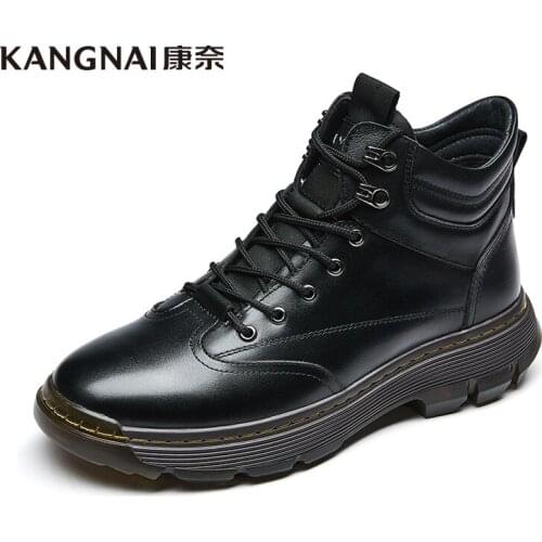 KANGNAI Men Boots Genuine Leather Casual Winter Warm Shoes High Top Lace-Up Snow Boots Outdoor Footwear