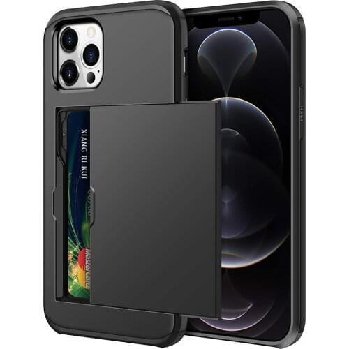 For iPhone 12 Pro/iPhone 11 Pro Max Case,Credit Card ID Cash Holder Shell Wallet Case Slide Cover Dual Layer Rubber Phone Case