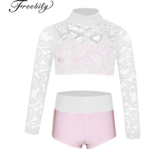 Kids Teens Two-piece Dance Costume Set Girls Long Sleeve Crop Top with Briefs Dance Wear Stage Gymnastics Ballet Leotard