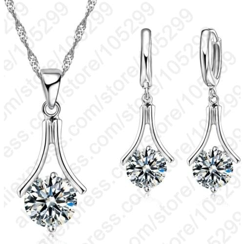 Hot sale 925 Sterling Silver shiny pretty Round CZ Chain Necklace + Earrings Womens/Girls Jewelry Sets Gifts