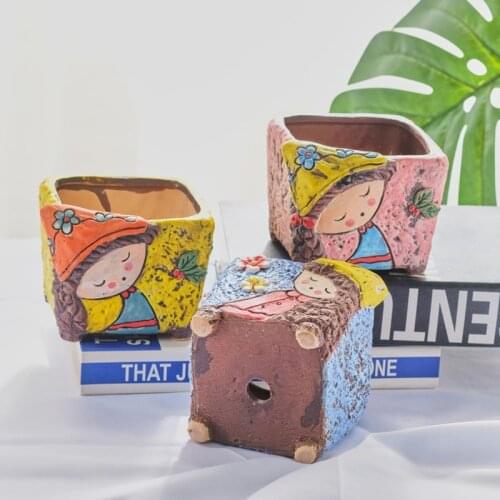 Korean Style Ceramic Flower Pot Hand Painted Succulents Plant Pot Coarse Pottery Cute Girl Pattern Vase Garden Bonsai Pots