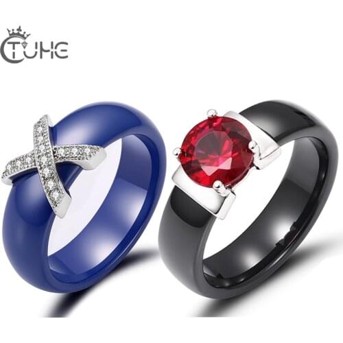 Healthy White Pink Blue Ceramic Rings For Women With AAA Red Crystal X Cross Wedding Band Rings 6mm Size 6-11 Never Fade&Scratch