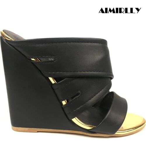 Summer Women Shoes Slippers Wedge Sandals Peep Toe High Heels Mules Comfortable Casual Female Shoes Slip On Black Brown