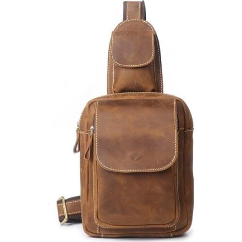Vintage Sporty Leather Chest Bags For Men IPad Mini Cow Leather One Shoulder Bags Male Anti Theft Chest Pack Slim Bag For Men