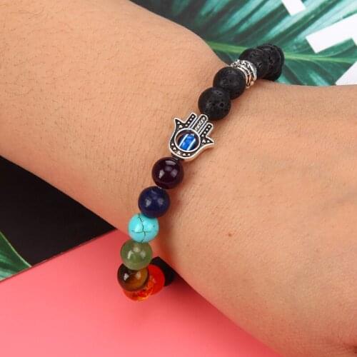 Natural Stone Mala Pendant 7 Chakra Healing Bead Bracelet Fatima Hand Romantic Gifts his and her valentines day Trendy Fashion