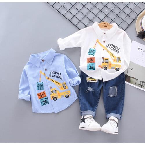 NEW Spring Autumn Fshion Baby Boys Cotton Clothes Printe Cartoon Excavator Shirt Pants Jeans 2Pcs/Sets Infant Kids Casual Suits