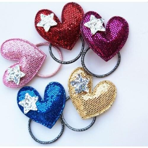 20pcs/lot New 5 Colors Love Heart Elastic Hair Bands Flash Sparkly Glossy Heart Hair Rope Hair Accessories For Kids Hair Ring