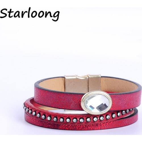 New fashion red PU leather bracelet with claw rhinestone beads magnetic clasp women wrap Masculina bijoux Bracelet Pulsera
