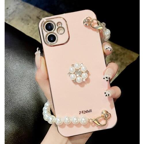 Silicone Pearl Flower Chain Phone Case for iPhone 12 Pro MAX mini 11 Pro MAX XR XS MAX 7/8 Plus Protective Cover Phone Case