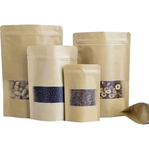 50Pcs/Lot Stand Up Pouches Doypack Kraft Paper Pack Bag With Matte Clear Window Zipper Zip Lock Food Storage Packaging Bag