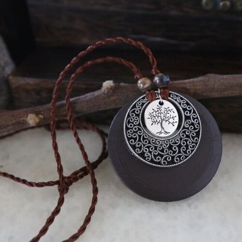 WEIYU Alloy Tree Wooden Pendant Necklace Maxi Necklace Jewelry Vintage Leaf Wood Fashion Long Necklace Ceramics Beads