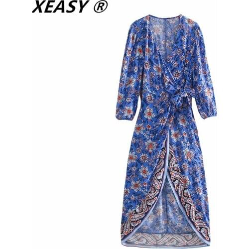 XEASY Women 2021 Vintage Patchwork Floral Print Irregular Hem Kimono Dress Chic V Neck Bow Tied Wrapped Slim Mujer Vestidos