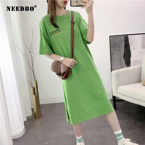 NEEDBO Long T Shirt Women Big Size Print Letter Short Sleeve Casual Tee Shirt Femme Tops Female Long T shirt Dress Oversize