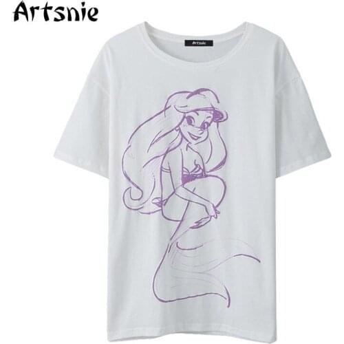 Artsnie disney cartoon print t shirt women summer o neck short sleeve tops femme streetwear vintage white cotton t-shirts mujer