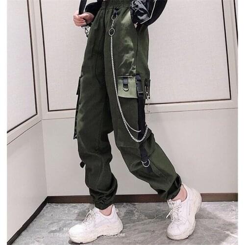 Harajuku Pant Punk Ring Chain Female Trousers 2021 Womens Cargo Pants Buckle Ribbon Pocket Jogger Elastic Waist High Streetwear