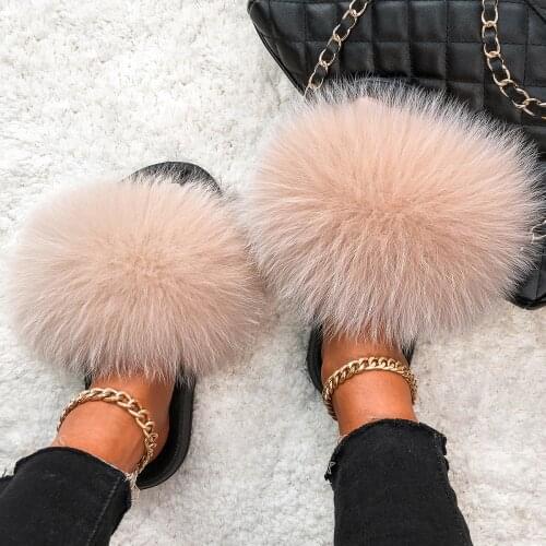 Real Fox Fur Slides For Women Furry Plush Slippers With Raccoon Fur Female Cute Fluffy Designer Wholesale Flip Flops Shoes