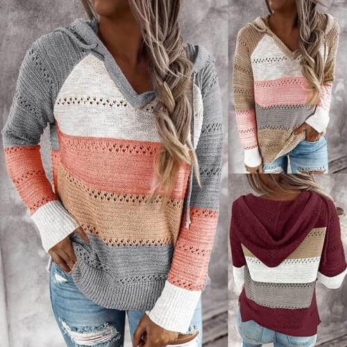 2020 Autumn V Neck Patchwork Hooded Sweater Women Casual Long Sleeve Knitted Sweater Top Winter Striped Elegant Pullover Jumpers