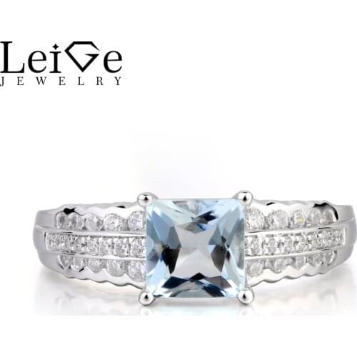 Leige Jewelry Natural Aquamarine Ring Proposal Ring March Birthstone Princess Cut Gemstone 925 Sterling Silver Gifts for Women