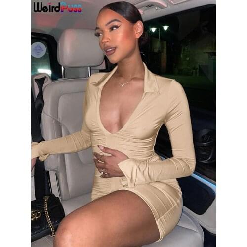 Weird Puss Folds Sexy Shirt Dress Women Low Cut Bodycon Autumn Long Sleeve Skinny Elegant Party Clubwear Solid Stretchy Clothing