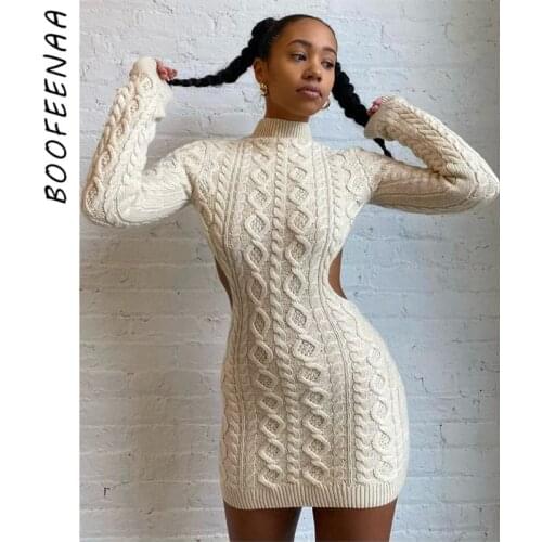 BOOFEENAA Sexy Knitted Sweater Dresses Fall Winter Clothes for Women 2021 Open Back Long Sleeve Mini Bodycon Dress C71-HZ47