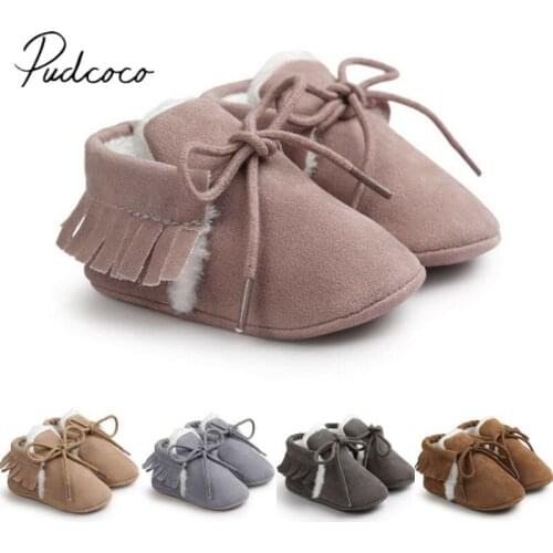 Winter Warm Cute Toddler Infant Baby Girl Boy Solid Soft Sole Lace Up Prewalker Tassel Shoes Bandage Furry First Walkers