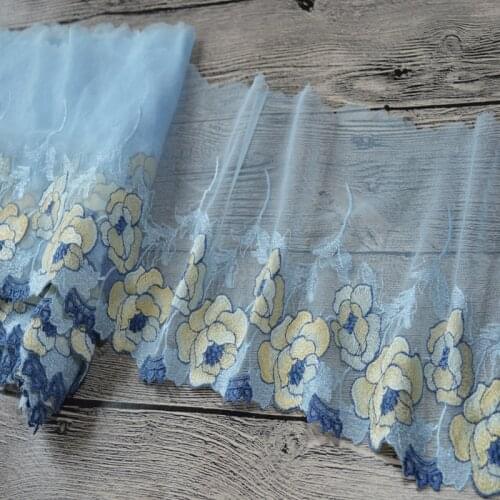 11Meters 18cm Floral Embroidered Lace Trim Blue Mesh Tulle Fabric for Lingerie Underwear Home Textile Doll Dress Decorations DIY