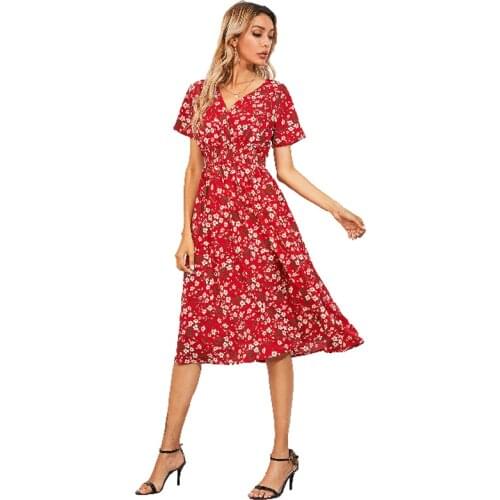 2021 Summer Womens Pink Floral Printing Casual Chiffon Beach Dress Sexy V-Neck Short Sleeve A-line Women Midi Dresses Vestidos
