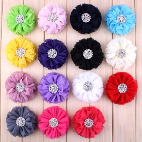 20pcs/lot 6.5CM 15 Colors Newborn Chic Fabric Flowers For Children Accessories Artificial Chiffon Flower With Bling Rhinestone