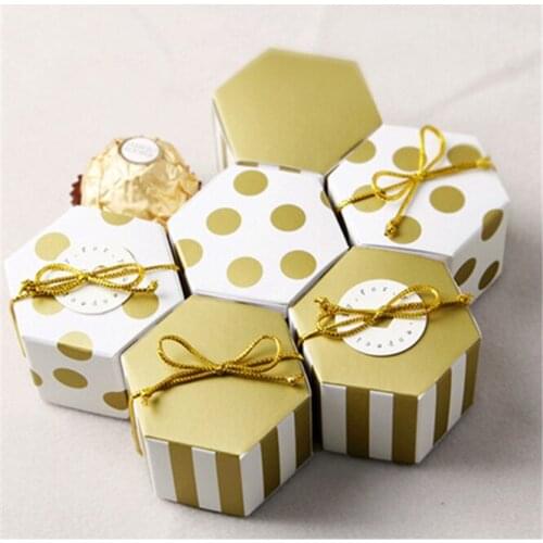 50pcs Mini Stripe Dots Golden Bronzing Color Hexagon Wedding Chocolate Biscuits Box Candy Box Baking Package Wedding Party Decor