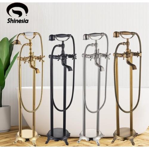 Shinesia Antique Brass Bathtub Shower Faucet Floor Standing Vintage Brass Bathroom Bath Hot and Cold Water Mixer Tap