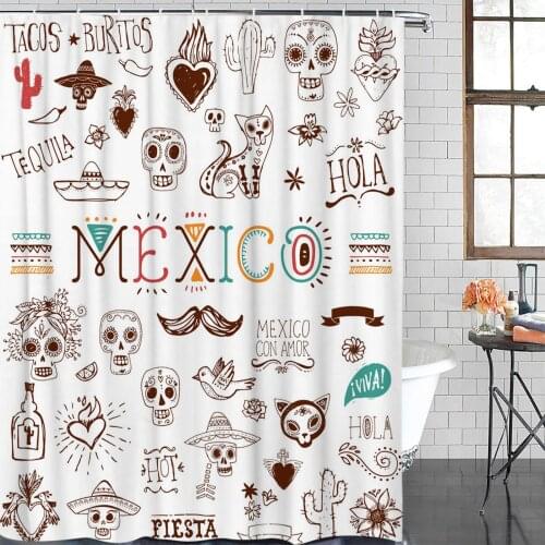 Mexican Skull Cartoon Cactus White Shower Curtain Polyester Fabric Bathroom Home Decor Waterproof Shower Curtains with Hooks