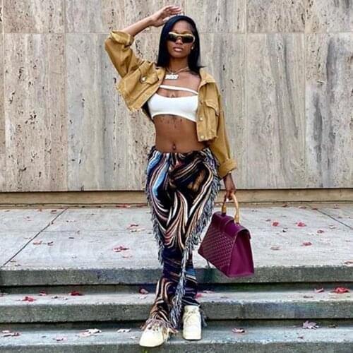 Echoine Colorful Tassel Fringe Pants High Waist Printed Skinny Out Pencil Pants Casual Design Trousers Spring Autumn Elegant