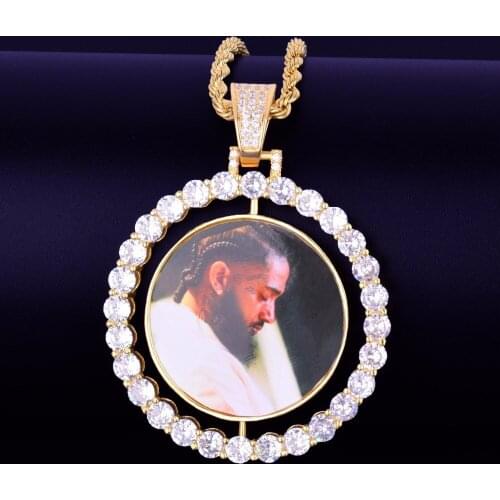 Custom Made Photo Rotating Double-Sided Medallions Pendant Necklace Zircon Mens Hip Hop Jewelry 2x1.65 inch