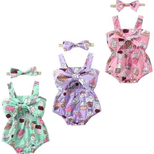 FOCUSNORM 2PCS Baby Girls Cute Rompers Headband Ice Cream Printed Sleeveless Bowknot Jumpsuits Summer Outfits