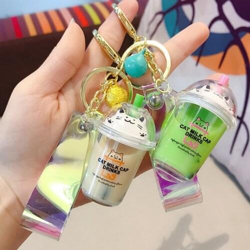Fashion Car Keychain Cute Cartoon Cat Milk Tea Cap Drink Cup Liquid Quicksand Keyring for Women Bag Pendant Charms Key Chain