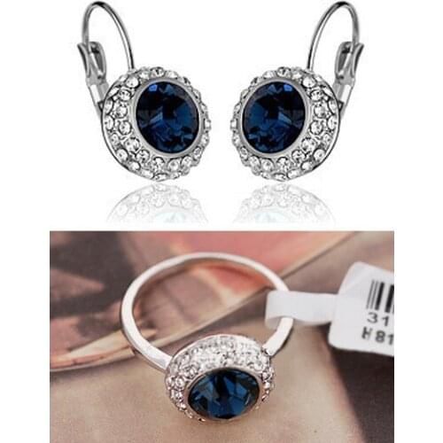 MOONROCY Dropshipping Trendy Blue Cubic Zirconia Crystal Ring and Earrings Jewelry Set for Women Girls Gift Wholesale
