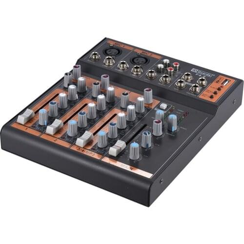 Portable 4-Channel Mic Line Audio Mixer Mixing Console 3-band EQ USB Interface 48V Phantom Power with Power Adapter