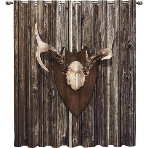 Old Wood Door Antlers Window Curtains Dark Living Room Bathroom Kitchen Outdoor Bedroom Indoor Fabric Decor Curtain