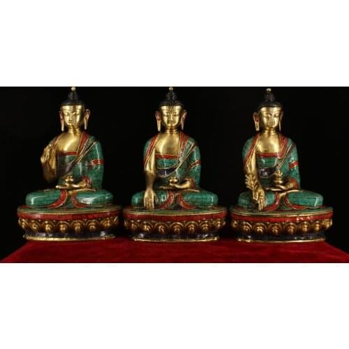 Old Pure Copper Inlaid Turquoise Handnade 3 Buddha Sculpture,3 Piece/lot ,Buddha Amitabha, Shakyamuni, Medicine Buddha