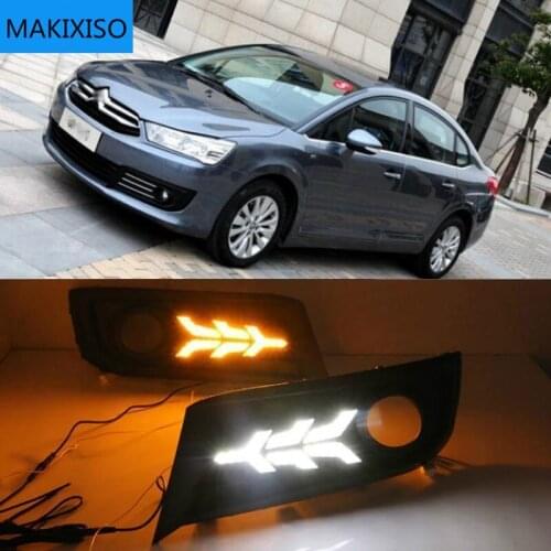 LED DRL daytime running light+Front fog light For Citroen C-Quatre 2012-2018 with Dynamic moving yellow turn signal