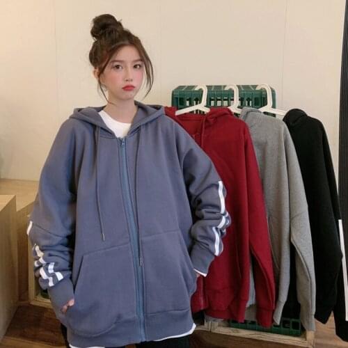 Japanese Fashion Hoodie Coat Zipper Stripe Long Sleeve Sweatshirt Womens Pullover Oversized Hoodies Plus Velvet Kpop Street Wear