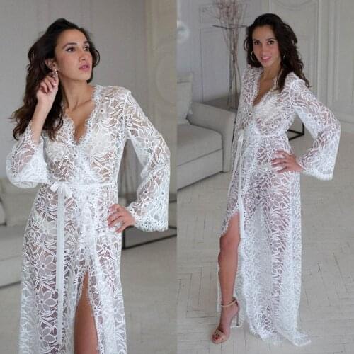 Women White Sexy Night Dress Long Sleeve Nightgown Nightdress Lace Sleepwear Nightwear For Bridal Boudoir Dress