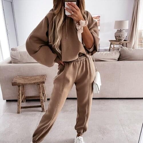 Women Long Pant Two Piece Long Sleeve Hoodie Solid Pullover And High Waist Jogging Pants Casual Tracksuits Suit