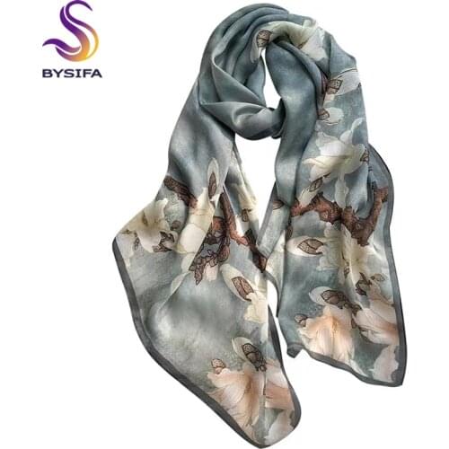 [BYSIFA] Blue Green Women Silk Scarf Cape New Luxury Magnolia Pure Silk Long Scarves Wraps Summer Ladies Beach Cover-ups Shawl